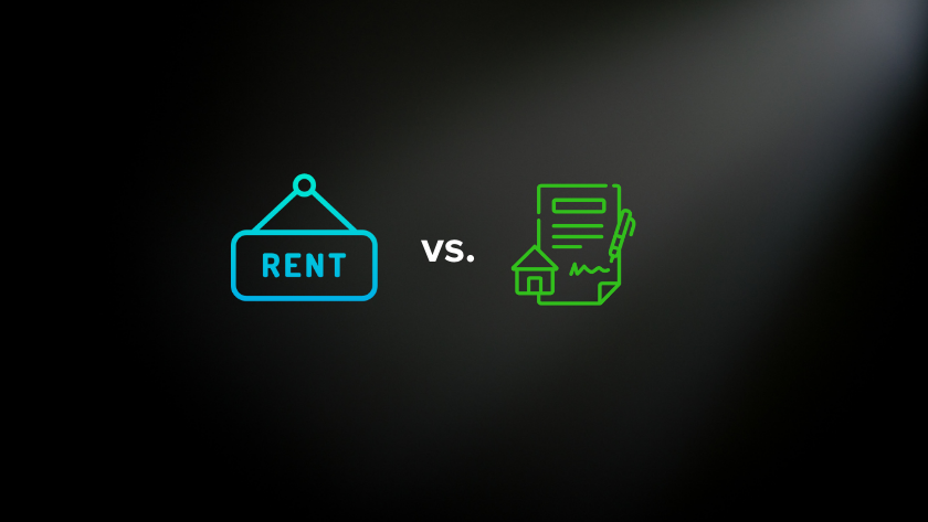 Neon blue rent sign contrasted with a green house-document icon set, showing a rent vs. ownership comparison with 'vs.' in the center