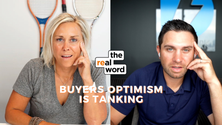 Split-screen video thumbnail: female host on the left with tennis rackets behind, male host on the right, center logo reading 'the real word', and the title 'BUYERS OPTIMISM IS TANKING' overlaid.