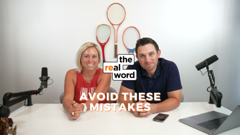 Two podcast hosts sit at a white desk with microphones, a laptop, and the 'the real word' logo over the headline 'Avoid These Mistakes.'