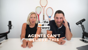 Two hosts sit at a white table in a podcast studio with microphones, a few tennis rackets on the wall, and the show logo; the title reads 'AGENTS CAN'T BELIEVE THIS' excitedly in front of them.