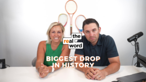 Two podcast hosts sit at a white desk in a studio with a microphone; banner reads “BIGGEST DROP IN HISTORY.”