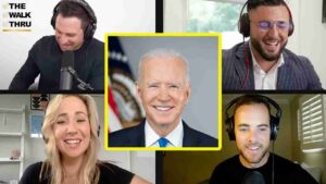 Five-person video call panel with a centered framed portrait of Joe Biden highlighted in yellow, flanked by four hosts wearing headsets.