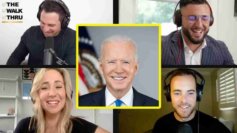 Five-person video call panel with a centered framed portrait of Joe Biden highlighted in yellow, flanked by four hosts wearing headsets.