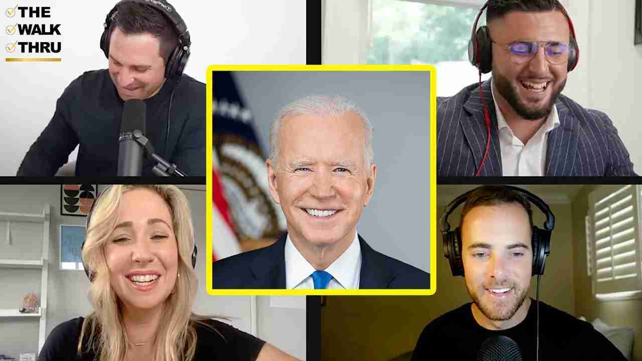 Five-person video call panel with a centered framed portrait of Joe Biden highlighted in yellow, flanked by four hosts wearing headsets.