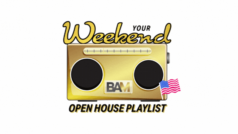 Gold vintage radio graphic with 'Your Weekend' branding and the caption 'Open House Playlist' accented by a small American flag sticker
