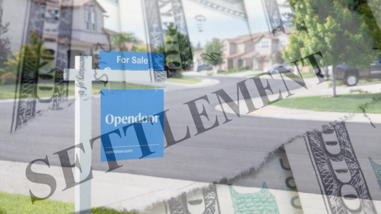 Residential street with blue 'Opendoor' 'For Sale' signs; overlay of dollar bills and a large 'SETTLEMENT' watermark suggests real estate closing costs.