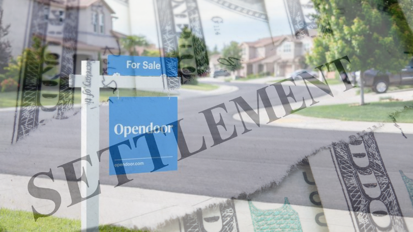 Residential street with blue 'Opendoor' 'For Sale' signs; overlay of dollar bills and a large 'SETTLEMENT' watermark suggests real estate closing costs.