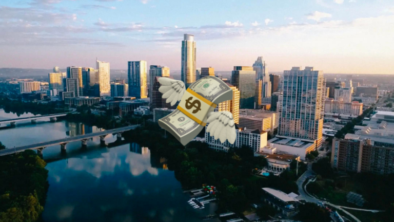 Aerial view of a city skyline with a dollar bill wearing wings flying above the buildings to symbolize finance or flight of money