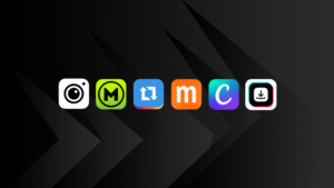 Row of six colorful app icons aligned on a dark gradient background.