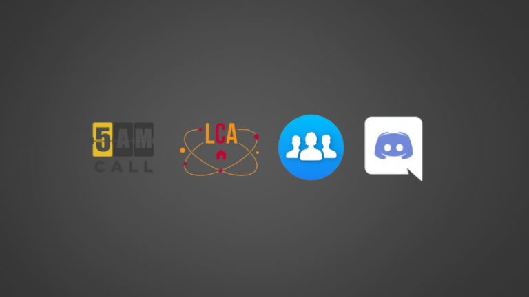 Row of four app logos: 5AM Call, LCA atom design, blue circle with people, and Discord chat icon.