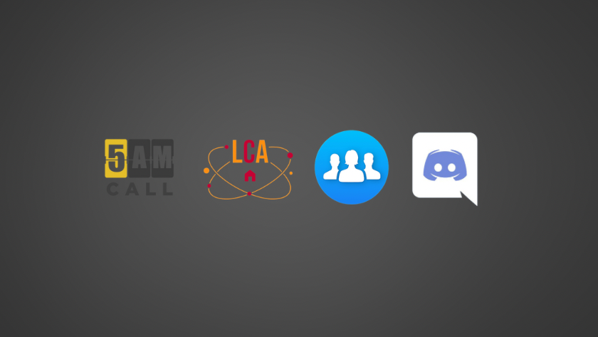 Row of four app logos: 5AM Call, LCA atom design, blue circle with people, and Discord chat icon.