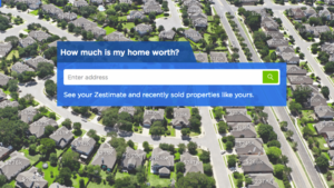Aerial view of a suburban neighborhood with a blue search panel that reads 'How much is my home worth?' and 'Enter address', plus a green search button and the subtitle 'See your Zestimate and recently sold properties like yours.'