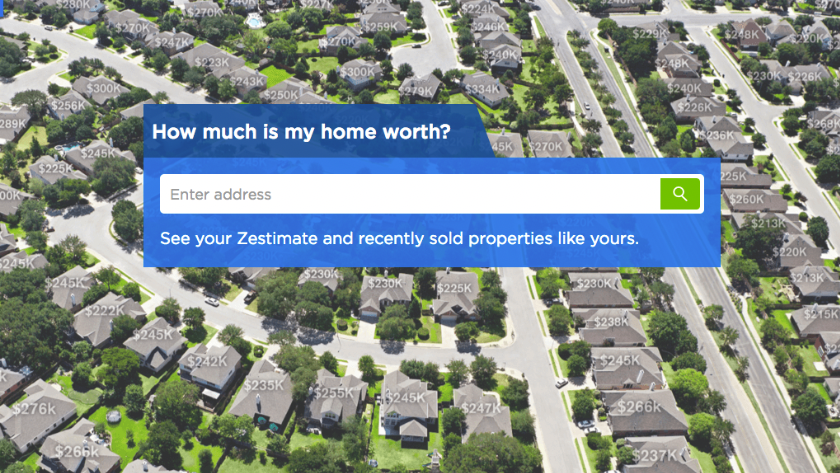 Aerial view of a suburban neighborhood with a blue search panel that reads 'How much is my home worth?' and 'Enter address', plus a green search button and the subtitle 'See your Zestimate and recently sold properties like yours.'