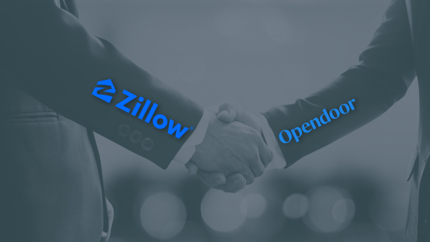Handshake between two businesspeople with Zillow and Opendoor logos on their sleeves, symbolizing a real estate partnership