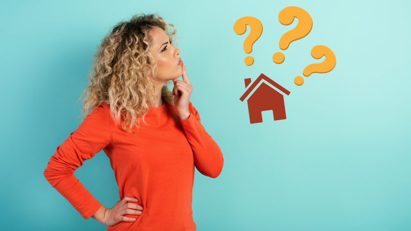 Woman in an orange sweater looks up and rests a hand on her chin, with a house icon and yellow question marks suggesting housing questions.