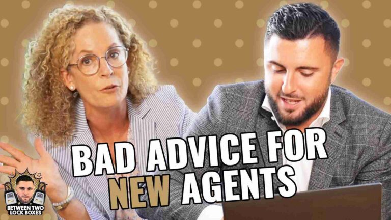 Video thumbnail: two hosts at a laptop with bold 'Bad Advice for New Agents' text, gold dotted background (informational/or comedic on real estate advice).