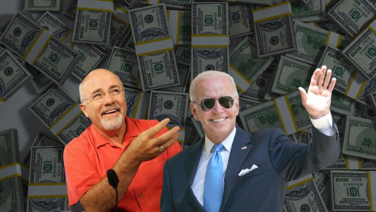 Two men in front of a wall of bundled hundred-dollar bills; one in a red shirt gestures while the other in a suit waves.