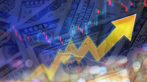 Golden zigzag arrow rising upward over a backdrop of US dollar bills, symbolizing financial growth.
