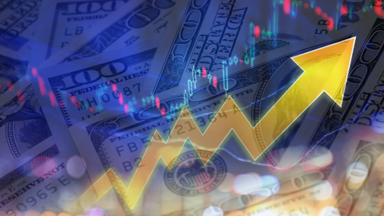 Golden zigzag arrow rising upward over a backdrop of US dollar bills, symbolizing financial growth.