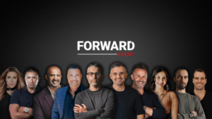 Group of ten people standing in a line under a dark backdrop with the 'FORWARD Event' logo above them.