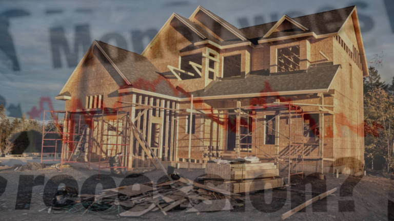 Two-story wooden house under construction with scaffolding and building materials on a cleared lot, daytime sun.