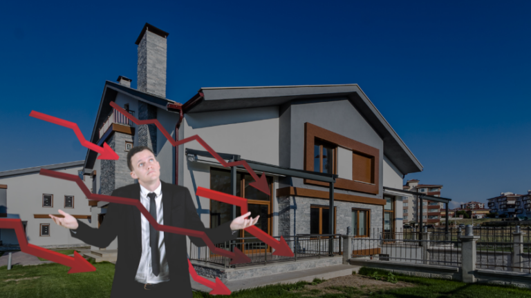 Businessman in a suit stands with a puzzled expression as red stock arrows crash downward over a modern house in the background.