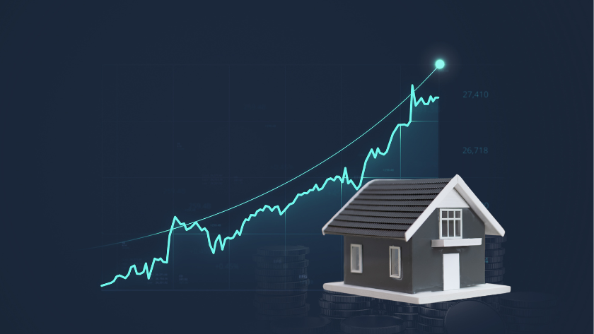 Rising investment graph behind a small house model on a stack of coins, indicating real estate growth