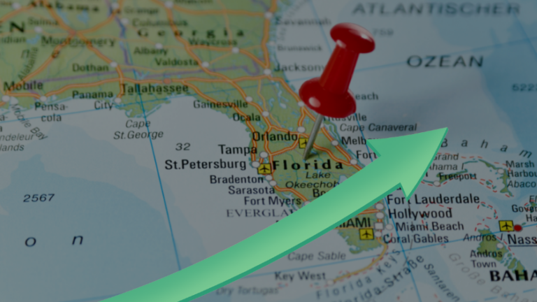 Map of Florida with a red pushpin over Orlando and a large green diagonal arrow pointing upward, suggesting growth or direction.