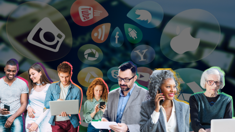 Diverse group of people using phones and laptops with social media icons in the background, illustrating digital connectivity.