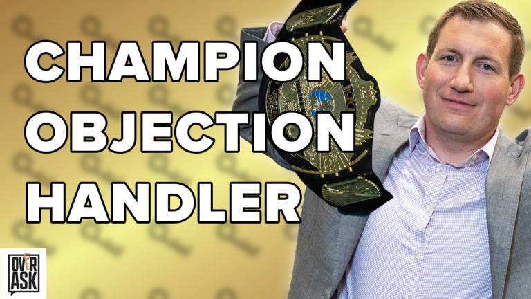 Thumbnail: man in a gray blazer holding a championship belt with bold white text 'CHAMPION OBJECTION HANDLER' over a yellow background, logo bottom-left.