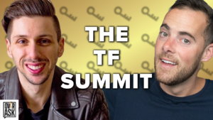Two men smiling at the camera with the bold title 'THE TF SUMMIT' over a yellow background with key icons.