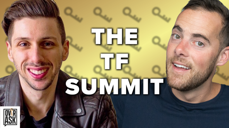 Two men smiling at the camera with the bold title 'THE TF SUMMIT' over a yellow background with key icons.