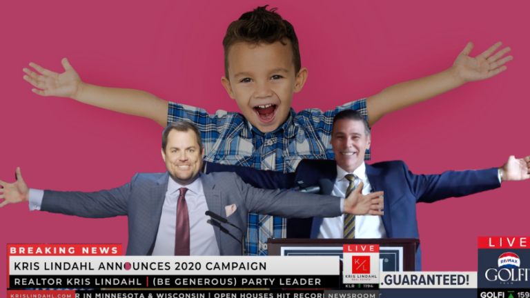 Collage of a smiling child with arms raised behind two suited men at a campaign podium on a pink background, with a news-like ticker at the bottom.