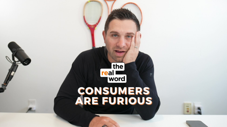Podcast host sits at a desk with a microphone, resting his head on his hand; overlay text reads 'Consumers Are Furious' with a 'the real word' logo.
