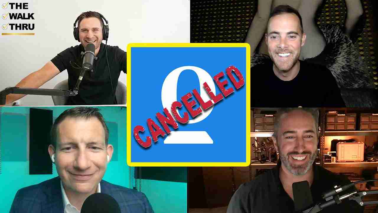 Four men in a video podcast grid with a central blue sign that says CANCELLED; logo The Walk Thru in the top-left corner.
