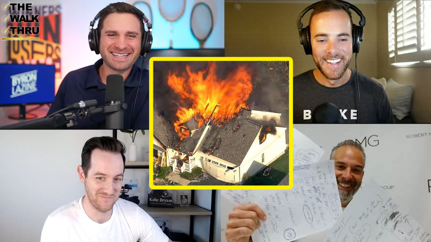 Four hosts in a split-screen video call; center image shows a house on fire highlighted with a yellow border.
