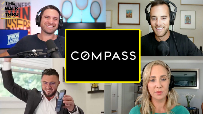Four hosts in a video-call grid around a central black Compass logo framed with a yellow border, as on a podcast screen cap.