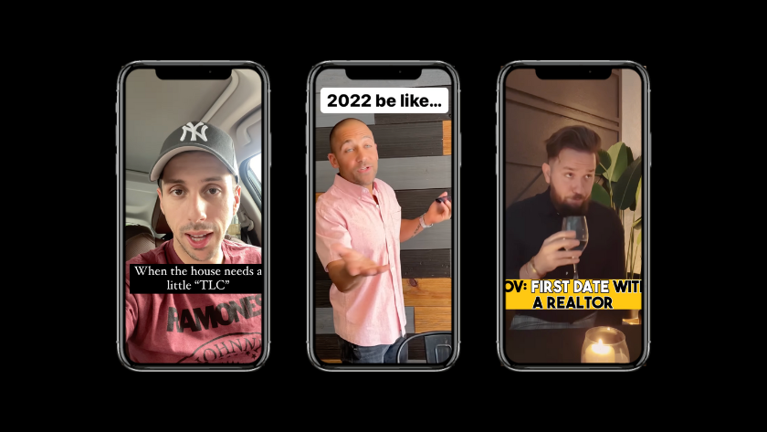 Three smartphones displaying vertical videos: left screen shows a man wearing a NY Yankees cap with caption 'When the house needs a little “TLC”'. Center screen reads '2022 be like...' with a man gesturing. Right screen features a man holding a glass with yellow caption 'FIRST DATE WITH A REALTOR'.