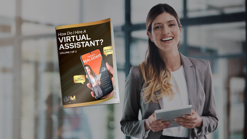 Smiling businesswoman in a blazer holds a tablet, with a poster about hiring a virtual assistant featuring real estate imagery beside her.