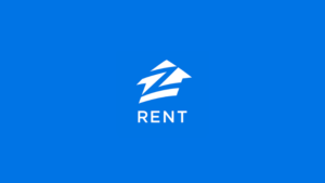 Blue background with a white abstract roof/zigzag icon and the word RENT