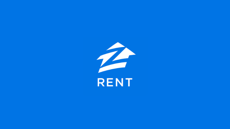 Blue background with a white abstract roof/zigzag icon and the word RENT