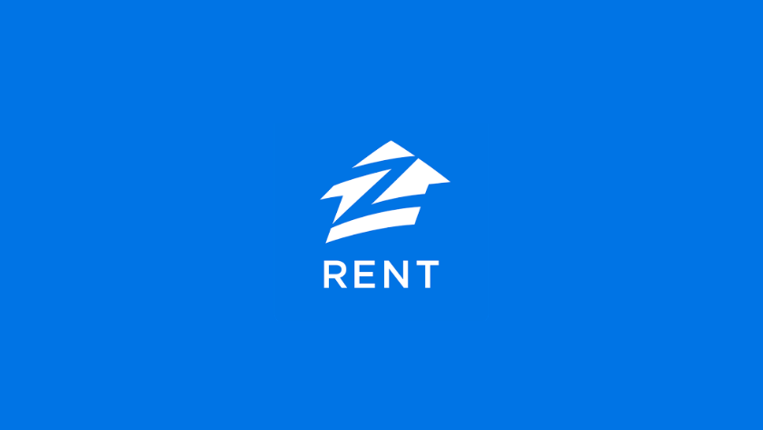Blue background with a white abstract roof/zigzag icon and the word RENT