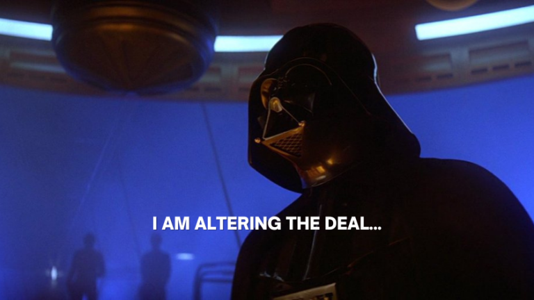 Darth Vader in a dark helmet in a blue-lit sci-fi room; caption reads 'I AM ALTERING THE DEAL...'.