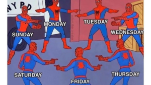 Multiple Spider-Man figures labeled with days of the week pointing at each other, illustrating how each day mirrors the others.