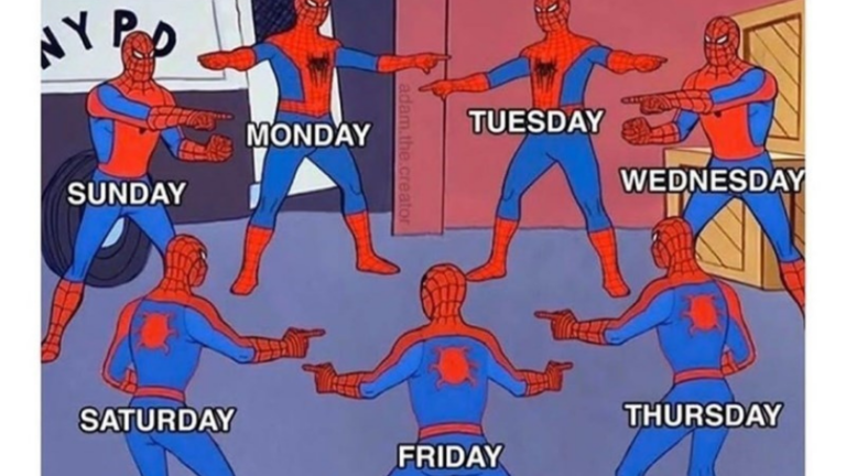 Multiple Spider-Man figures labeled with days of the week pointing at each other, illustrating how each day mirrors the others.