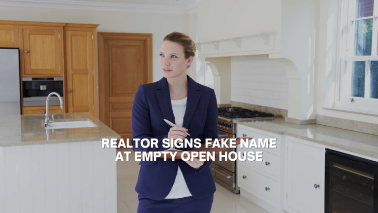 Businesswoman in a navy suit stands in a bright white kitchen, holding a pen and looking to the side, with the overlay text: 'REALTOR SIGNS FAKE NAME AT EMPTY OPEN HOUSE'