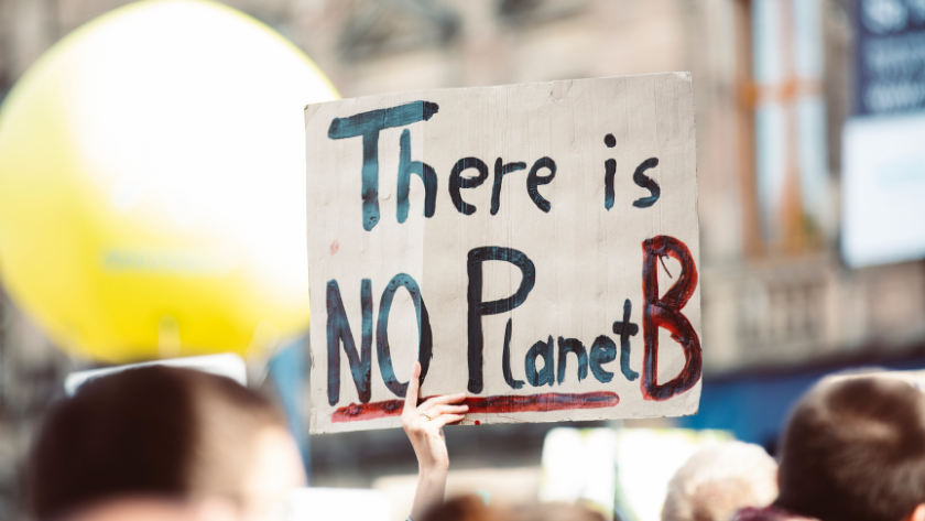 Protest sign reading: "There is NO Planet B" held up at a rally, with a blurred crowd in the background.