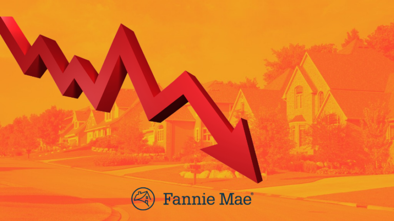 Red downward-trending zigzag arrow across a suburban neighborhood, with a Fannie Mae logo at the bottom, conveying a housing market decline.