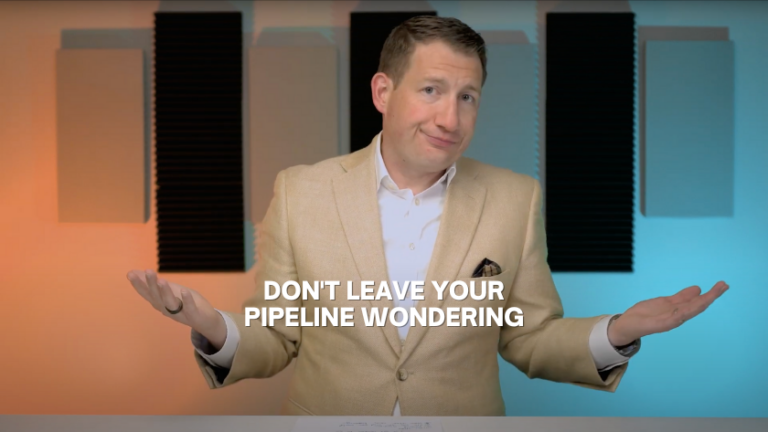 Corporate presenter in a beige suit sits at a desk with arms outstretched, bold caption: 'DON'T LEAVE YOUR PIPELINE WONDERING' in front of a colorful studio background.