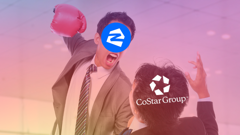 Two businesspeople in suits celebrate a win, with a blue Z logo over one face and a CoStar Group logo over the other head.